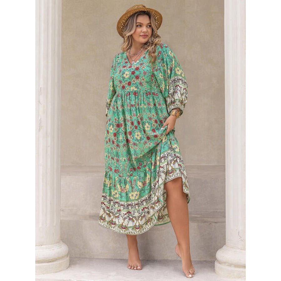 Plus Size Floral V-Neck Balloon Sleeve Midi Dress Mid Green / 0XL