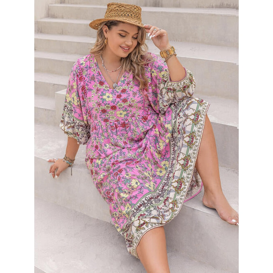 Plus Size Floral V-Neck Balloon Sleeve Midi Dress