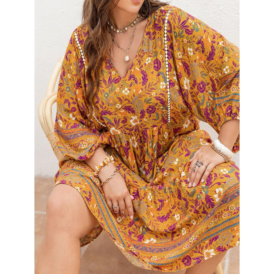 Plus Size Floral V-Neck Balloon Sleeve Midi Dress