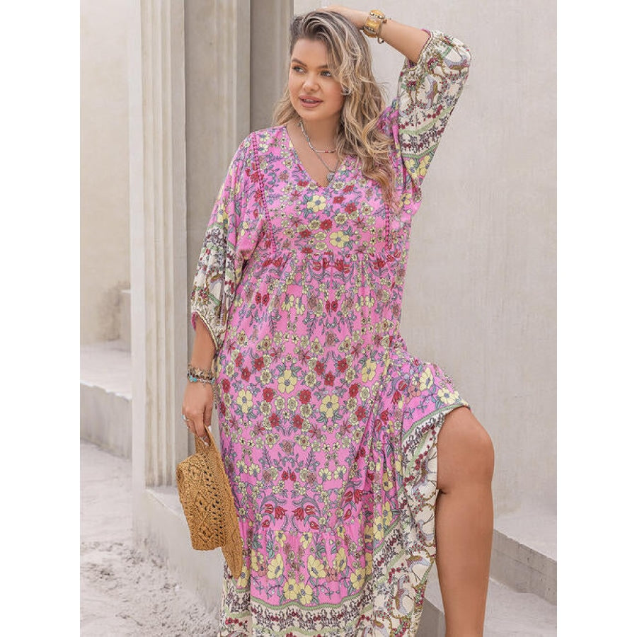 Plus Size Floral V-Neck Balloon Sleeve Midi Dress