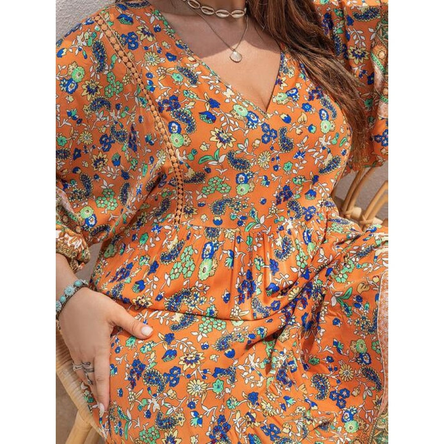 Plus Size Floral V-Neck Balloon Sleeve Midi Dress