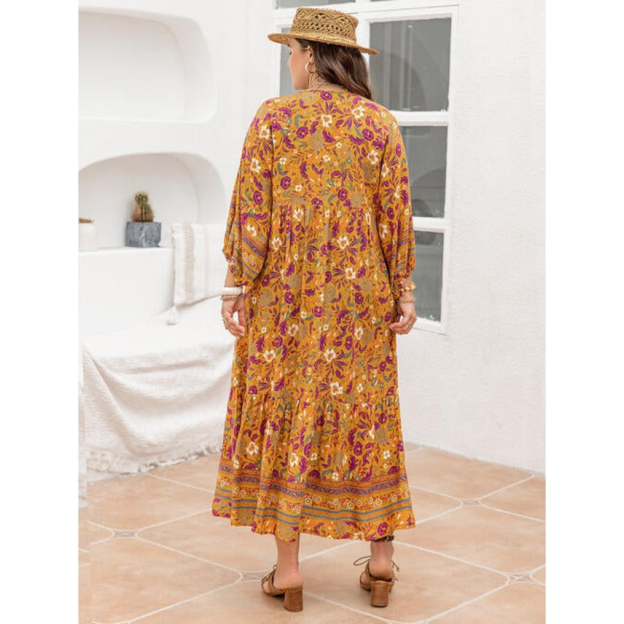 Plus Size Floral V-Neck Balloon Sleeve Midi Dress