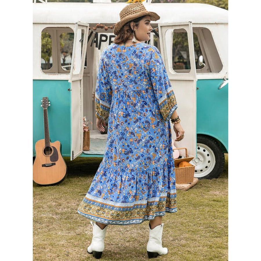 Plus Size Floral V-Neck Balloon Sleeve Midi Dress