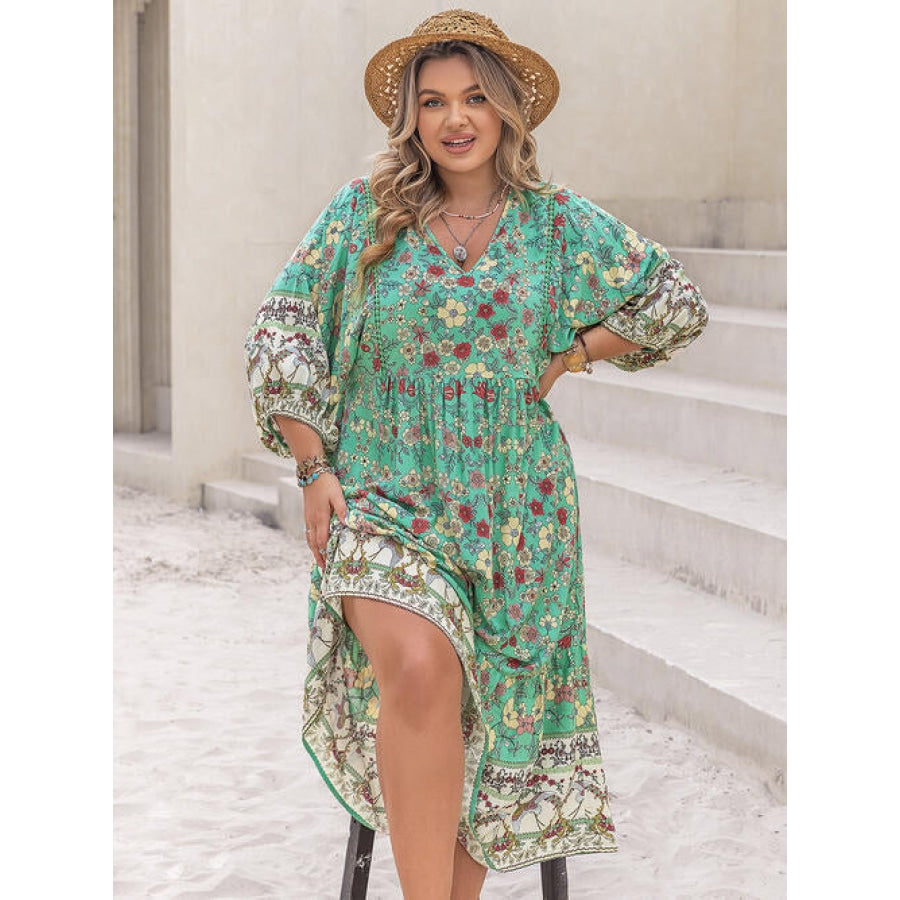 Plus Size Floral V-Neck Balloon Sleeve Midi Dress