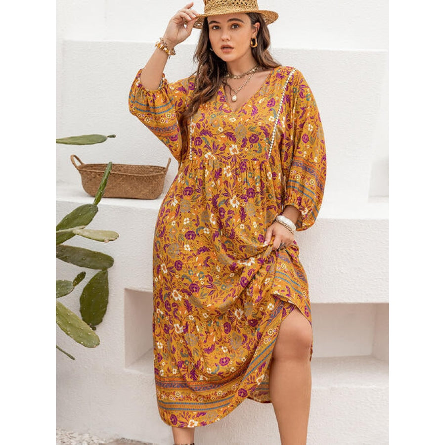 Plus Size Floral V-Neck Balloon Sleeve Midi Dress