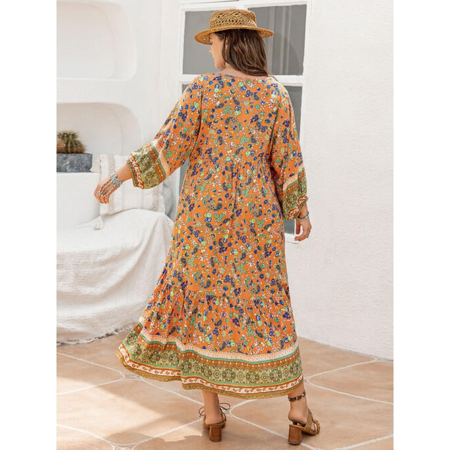 Plus Size Floral V-Neck Balloon Sleeve Midi Dress