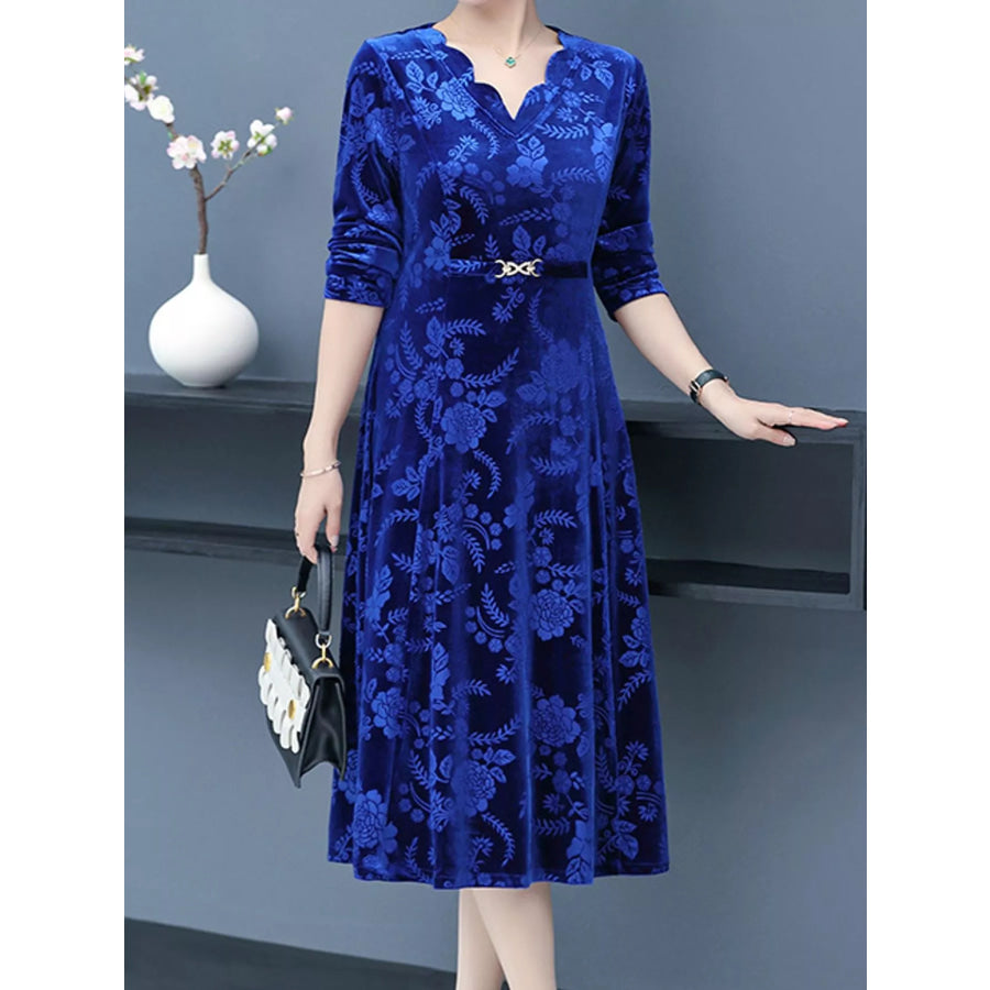 Plus Size Floral Velvet Scalloped V-Neck Midi Dress Apparel and Accessories
