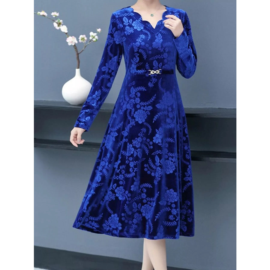 Plus Size Floral Velvet Scalloped V-Neck Midi Dress Blue / XL Apparel and Accessories