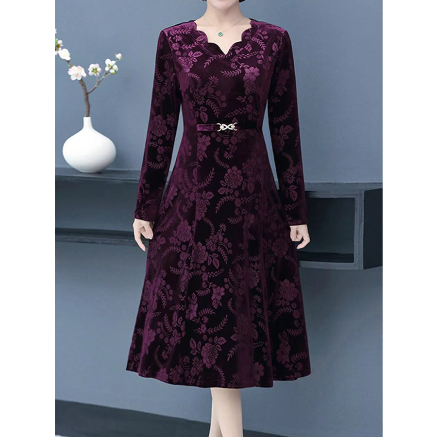 Plus Size Floral Velvet Scalloped V-Neck Midi Dress Purple / XL Apparel and Accessories