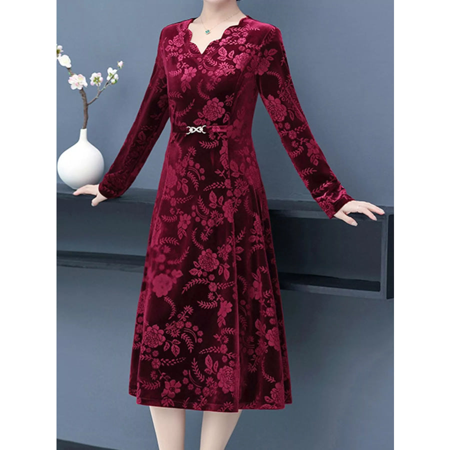 Plus Size Floral Velvet Scalloped V-Neck Midi Dress Red / XL Apparel and Accessories