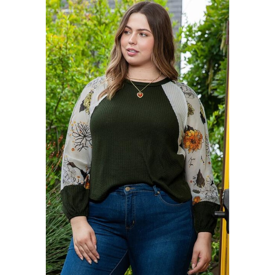 Plus Size Floral Waffle-Knit Round Neck Blouse Army Green / 1XL