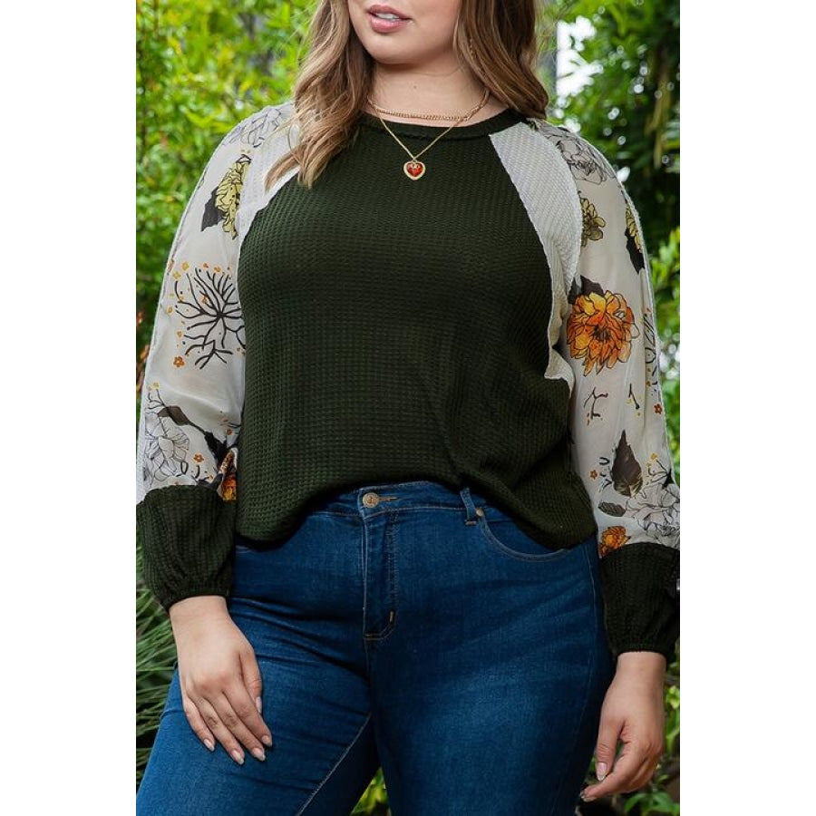 Plus Size Floral Waffle-Knit Round Neck Blouse