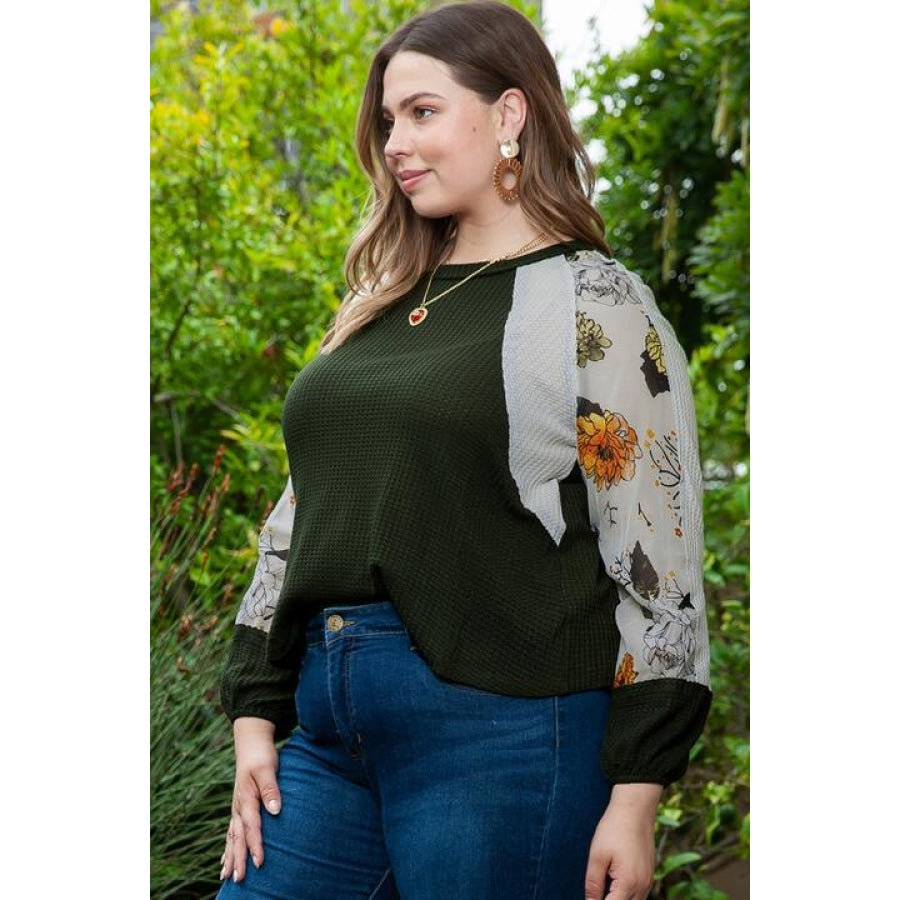 Plus Size Floral Waffle-Knit Round Neck Blouse