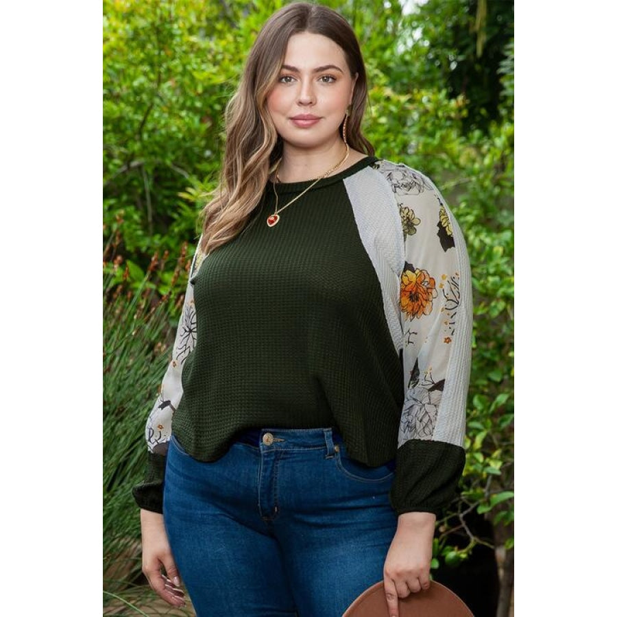 Plus Size Floral Waffle-Knit Round Neck Blouse