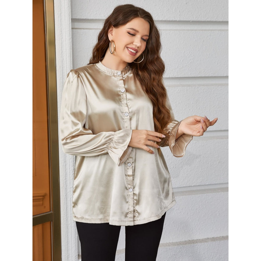 Plus Size Flounce Sleeve Band Collar Shirt