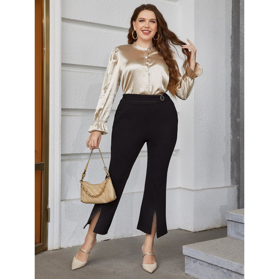 Plus Size Flounce Sleeve Band Collar Shirt