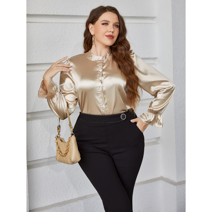 Plus Size Flounce Sleeve Band Collar Shirt