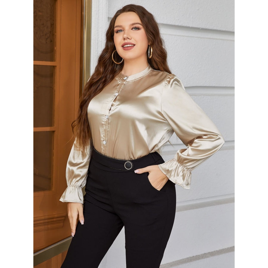 Plus Size Flounce Sleeve Band Collar Shirt