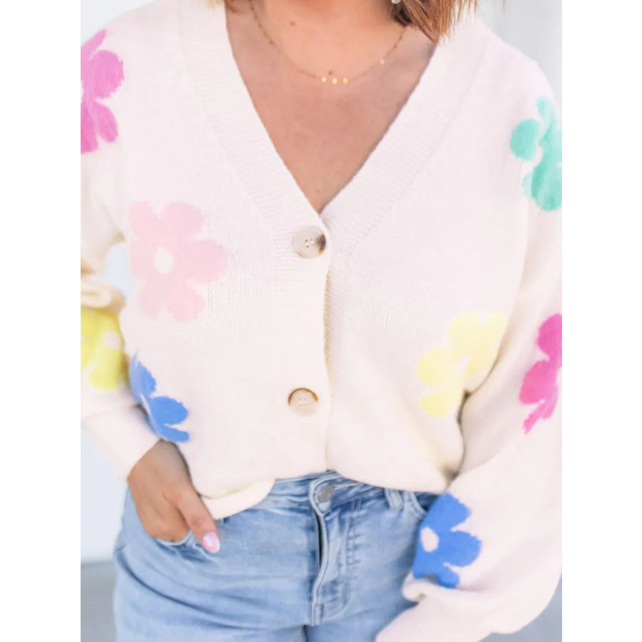 Plus Size Flower Button Up Long Sleeve Cardigan Apparel and Accessories