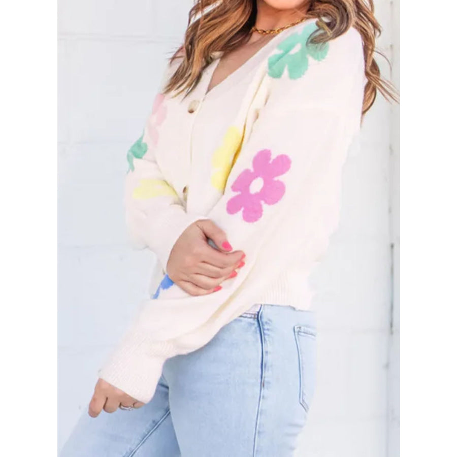 Plus Size Flower Button Up Long Sleeve Cardigan Apparel and Accessories