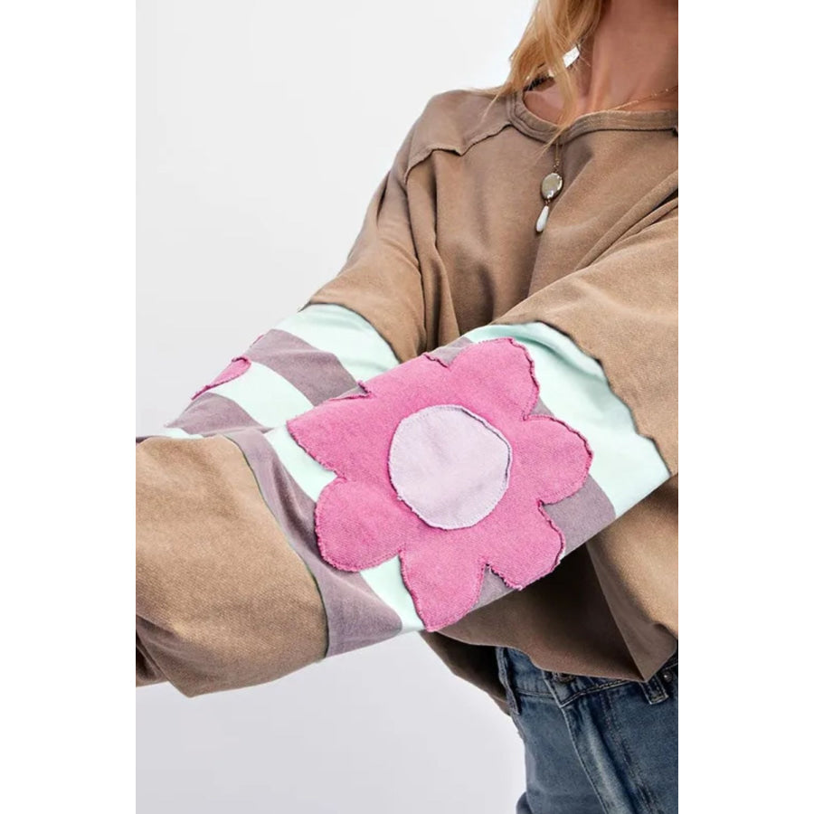 Plus Size Flower Round Neck Long Sleeve Blouse Apparel and Accessories