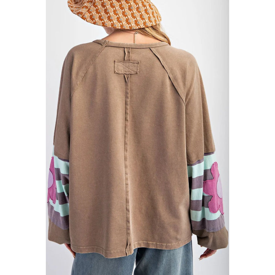 Plus Size Flower Round Neck Long Sleeve Blouse Camel / 1XL Apparel and Accessories