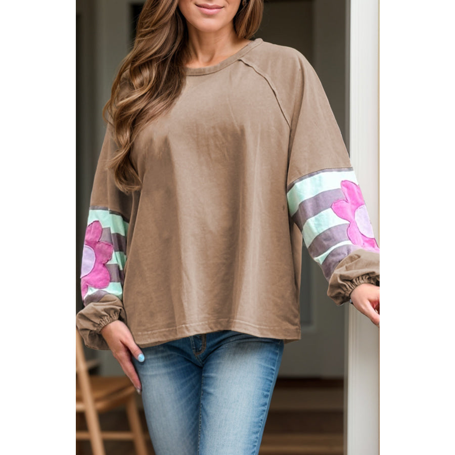 Plus Size Flower Round Neck Long Sleeve Blouse Camel / 1XL Apparel and Accessories