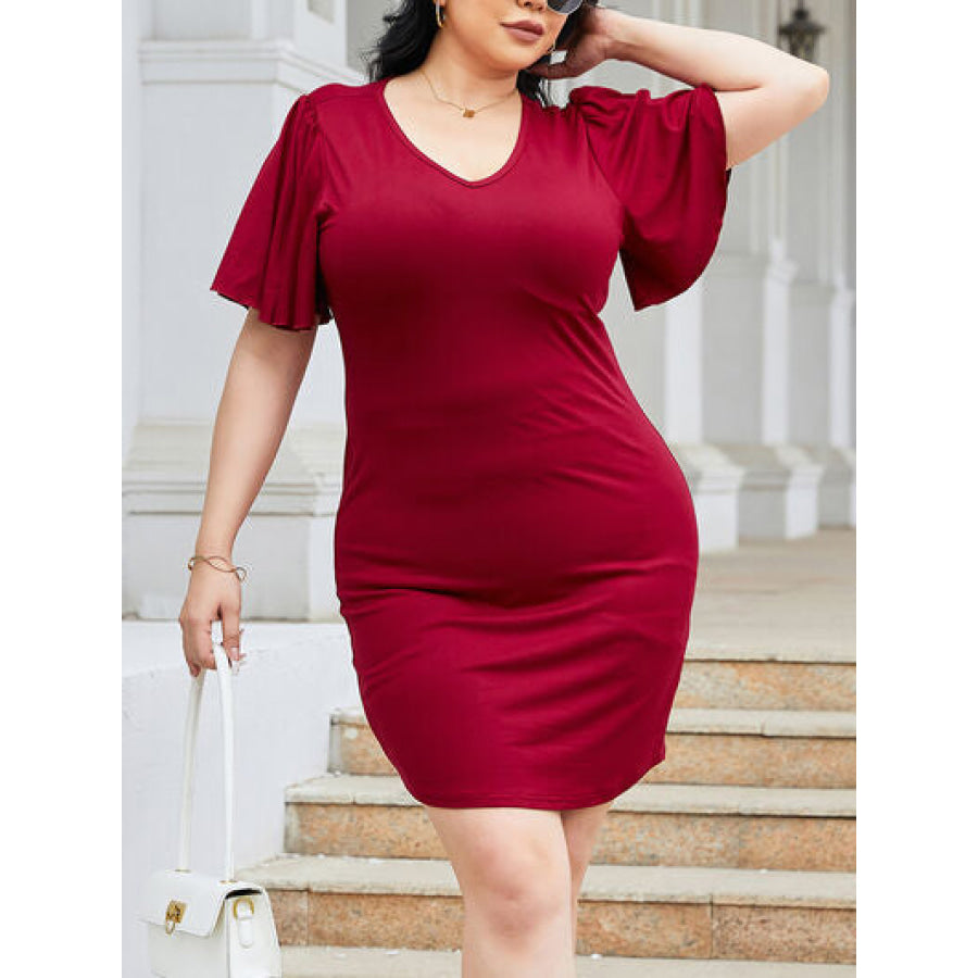 Plus Size Flutter Sleeve Mini Dress Brick Red / 1XL Apparel and Accessories