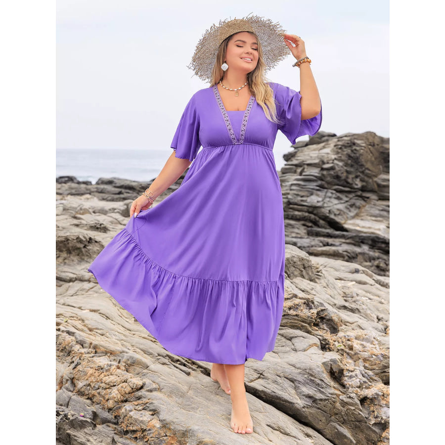 Plus Size Flutter Sleeve Tiered Maxi Dress Apparel and Accessories