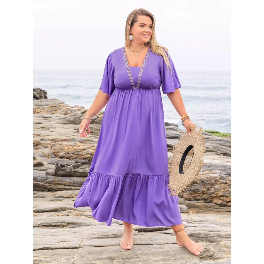 Plus Size Flutter Sleeve Tiered Maxi Dress Blue Purple / 0XL Apparel and Accessories