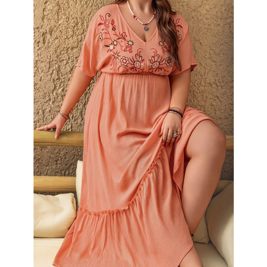 Plus Size Frill Embroidered V-Neck Half Sleeve Maxi Dress Apparel and Accessories