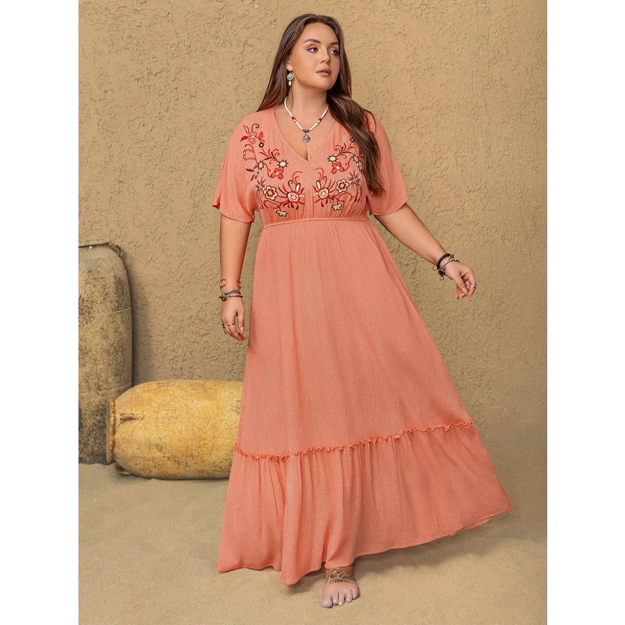 Plus Size Frill Embroidered V-Neck Half Sleeve Maxi Dress Apparel and Accessories