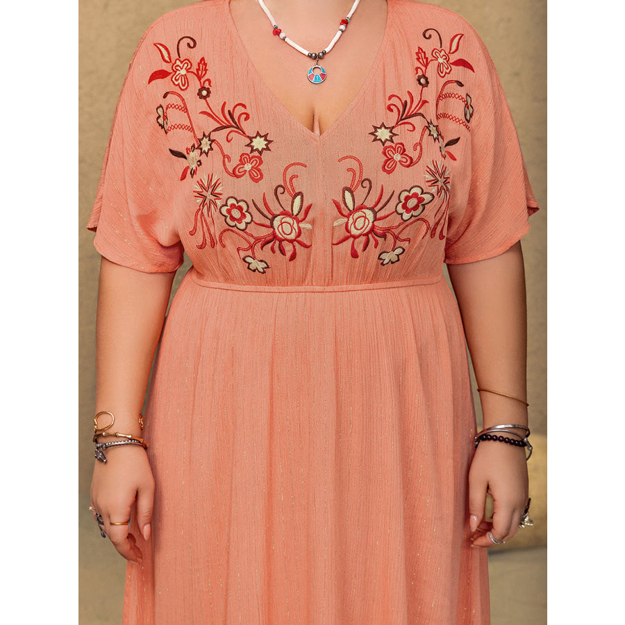 Plus Size Frill Embroidered V-Neck Half Sleeve Maxi Dress Apparel and Accessories