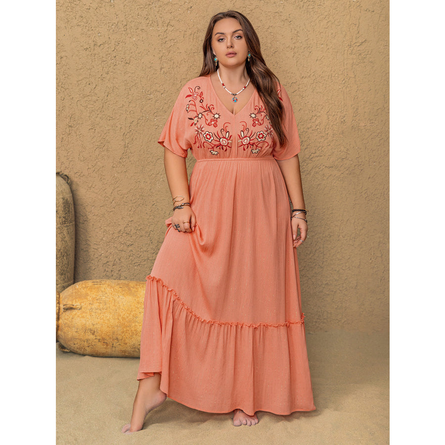 Plus Size Frill Embroidered V-Neck Half Sleeve Maxi Dress Apparel and Accessories