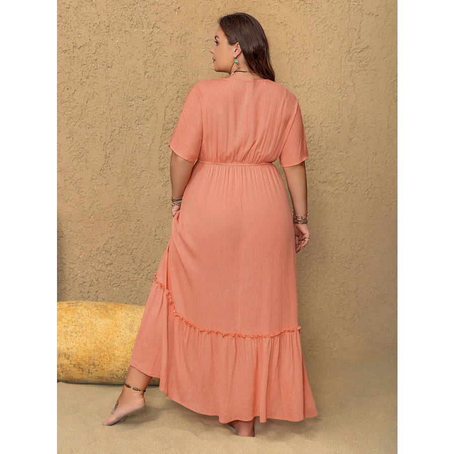 Plus Size Frill Embroidered V-Neck Half Sleeve Maxi Dress Apparel and Accessories