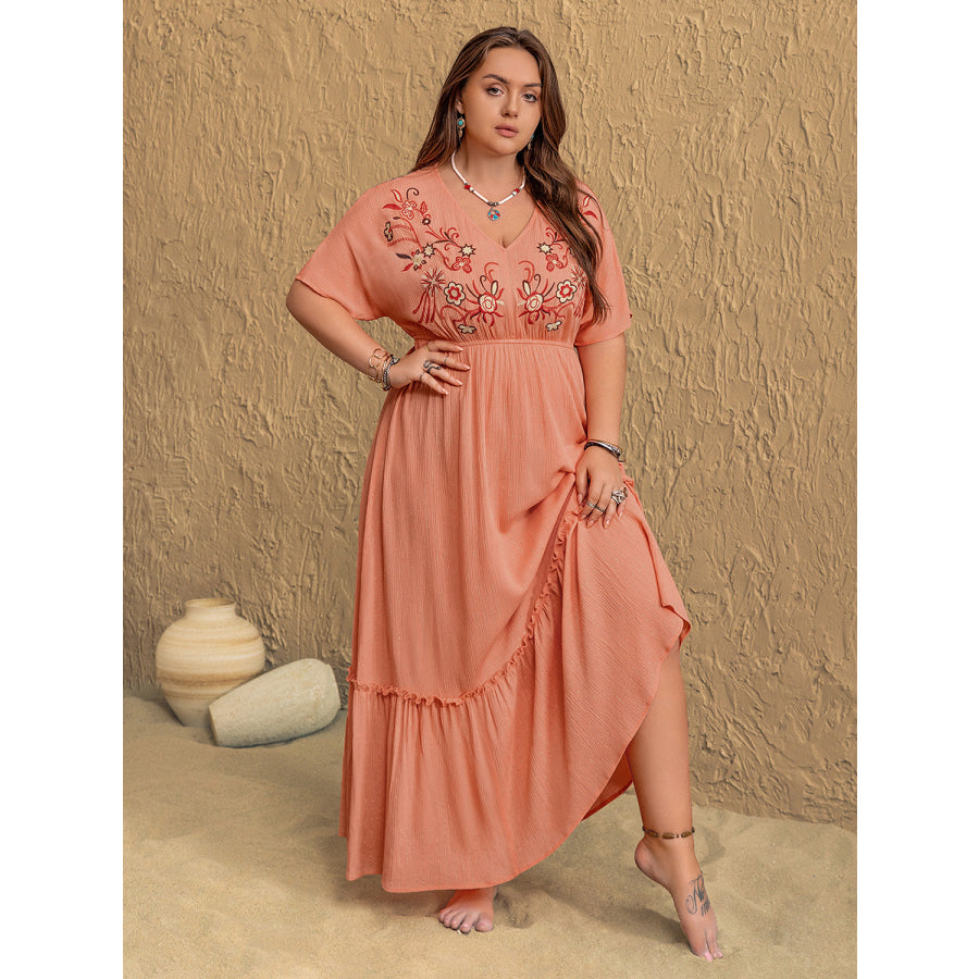 Plus Size Frill Embroidered V-Neck Half Sleeve Maxi Dress Apparel and Accessories