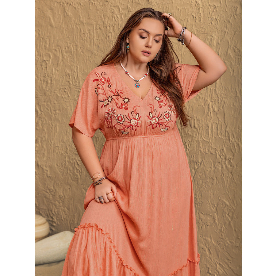 Plus Size Frill Embroidered V-Neck Half Sleeve Maxi Dress Apparel and Accessories