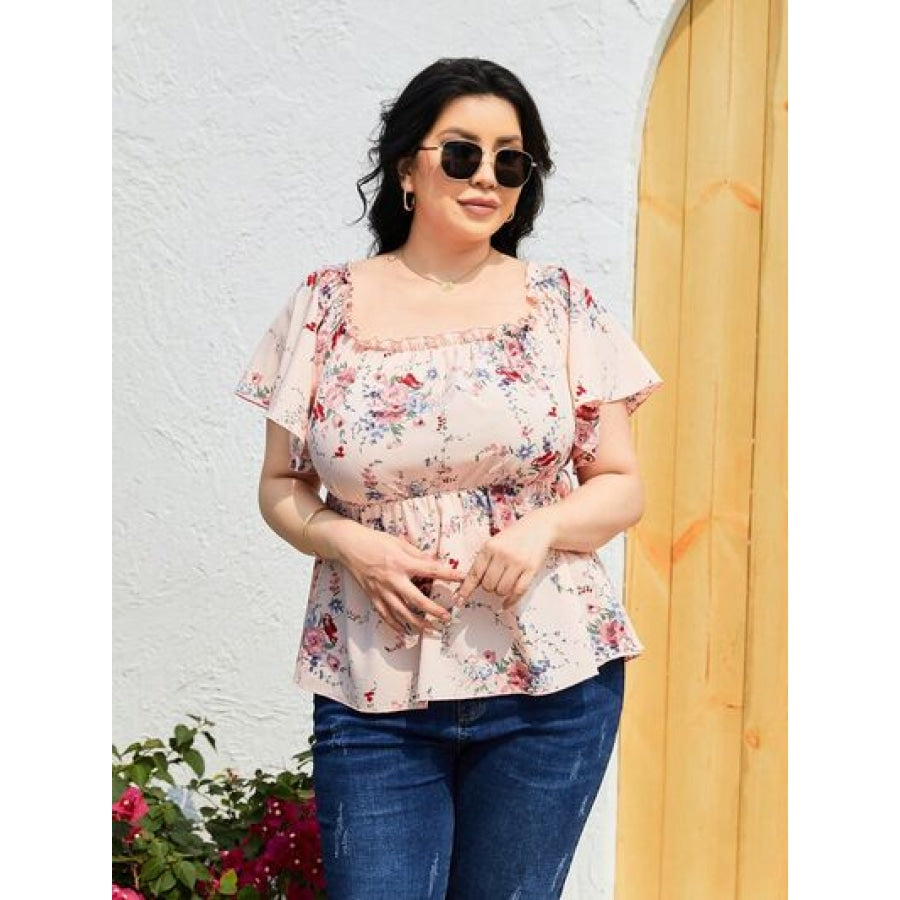 Plus Size Frill Printed Flutter Sleeve Blouse Apparel and Accessories