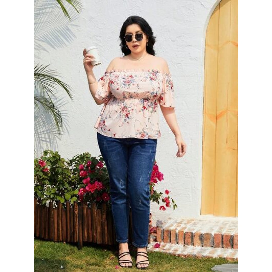 Plus Size Frill Printed Flutter Sleeve Blouse Apparel and Accessories