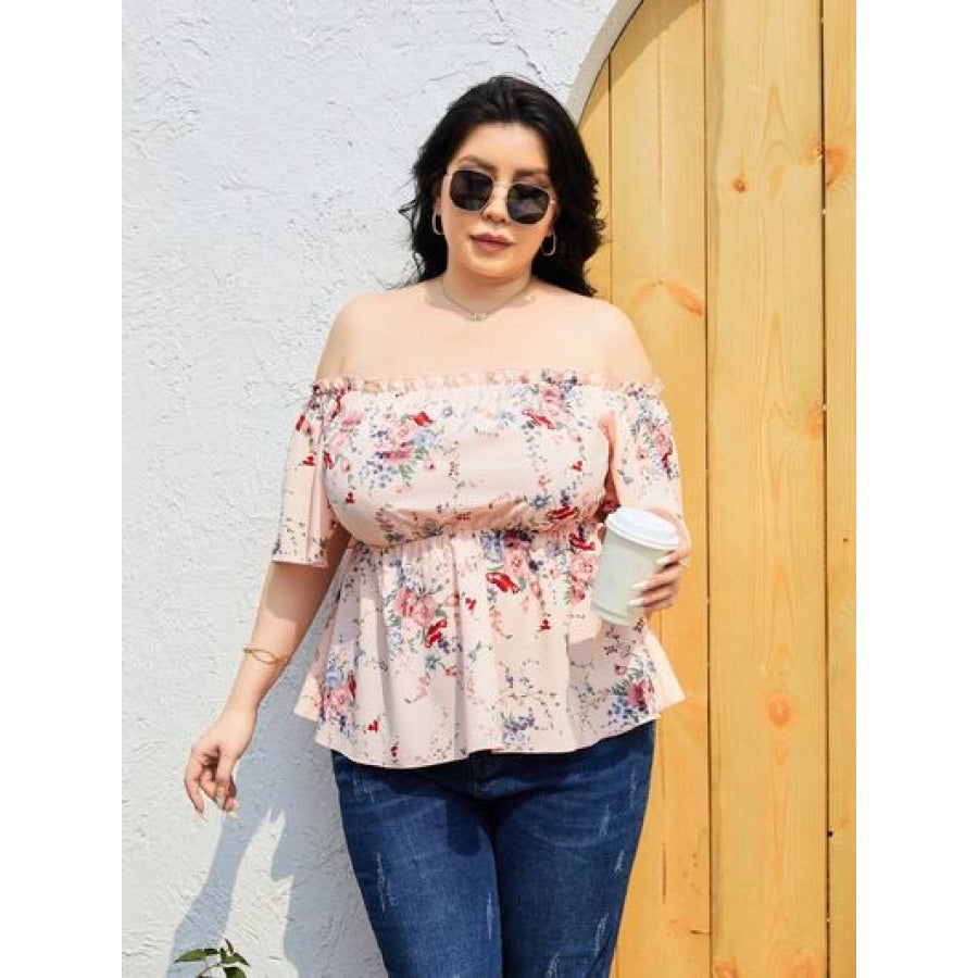 Plus Size Frill Printed Flutter Sleeve Blouse Apparel and Accessories