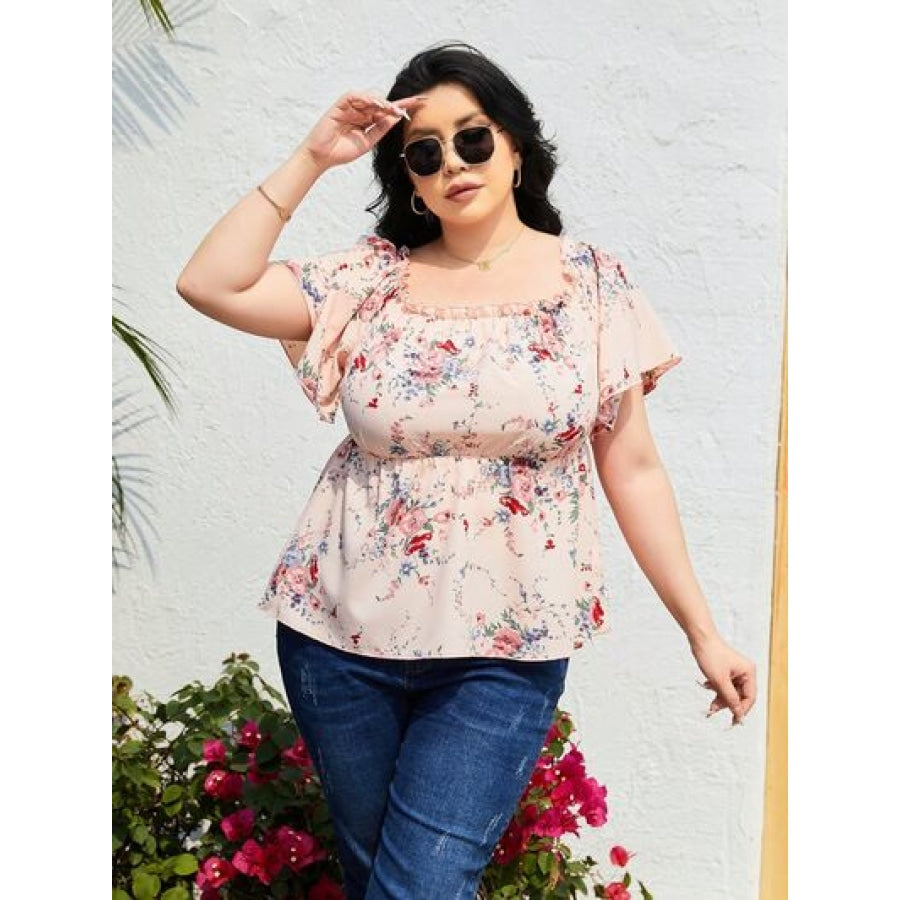 Plus Size Frill Printed Flutter Sleeve Blouse Peach / 1XL Apparel and Accessories