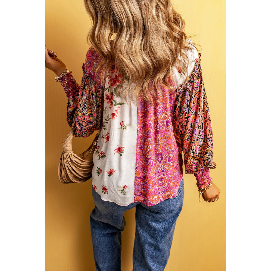 Plus Size Frill Printed V-Neck Long Sleeve Blouse Apparel and Accessories