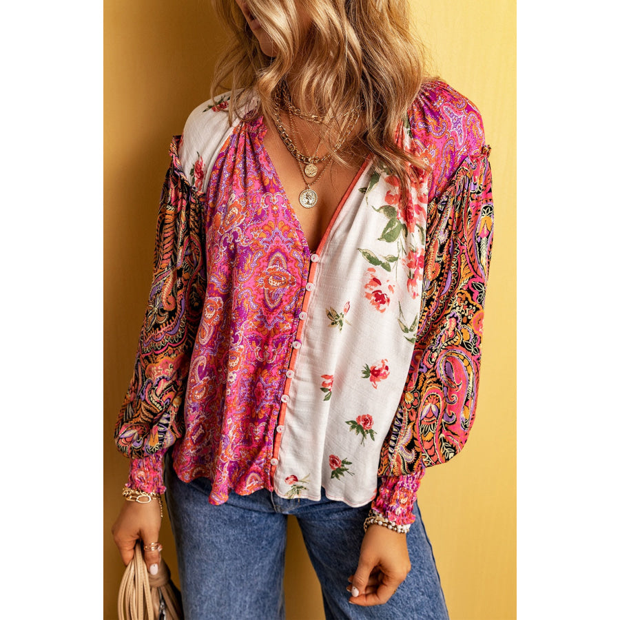 Plus Size Frill Printed V-Neck Long Sleeve Blouse Multicolor / 1X Apparel and Accessories