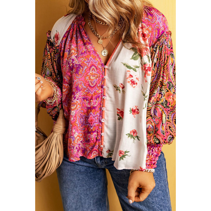 Plus Size Frill Printed V-Neck Long Sleeve Blouse Multicolor / 1X Apparel and Accessories