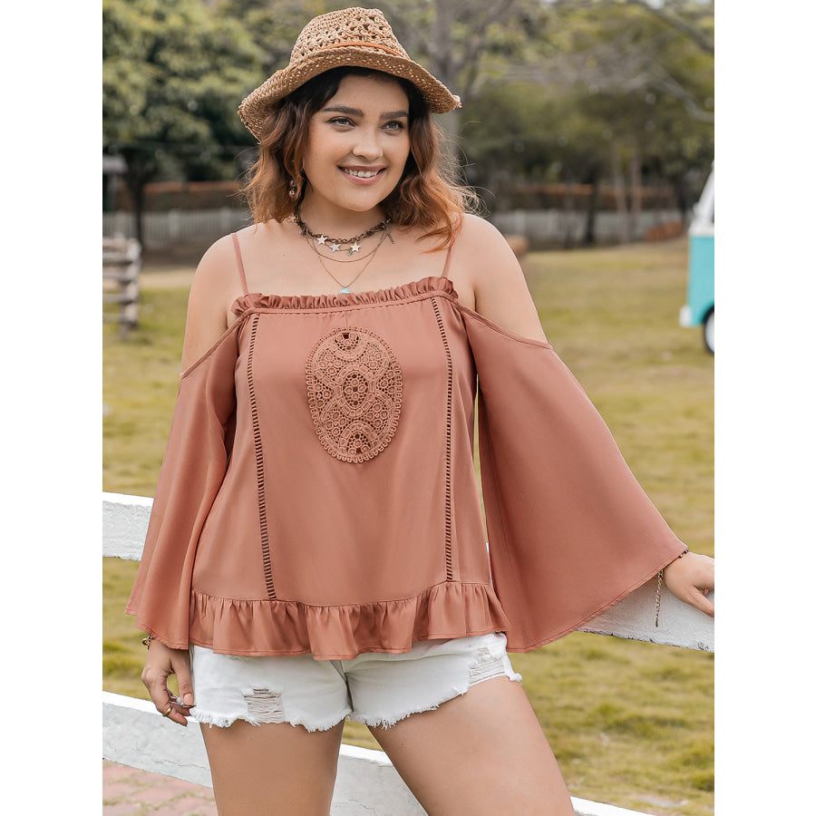 Plus Size Frill Square Neck Long Sleeve Blouse Caramel / 0XL Apparel and Accessories