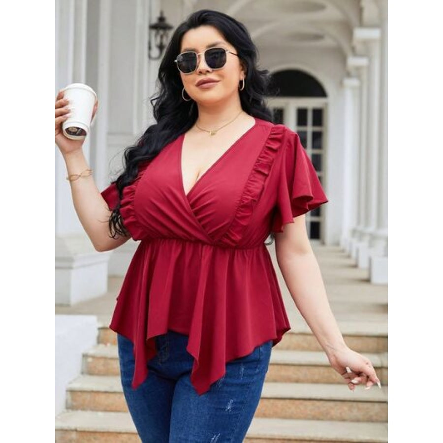 Plus Size Frill Surplice Flutter Sleeve Blouse Apparel and Accessories