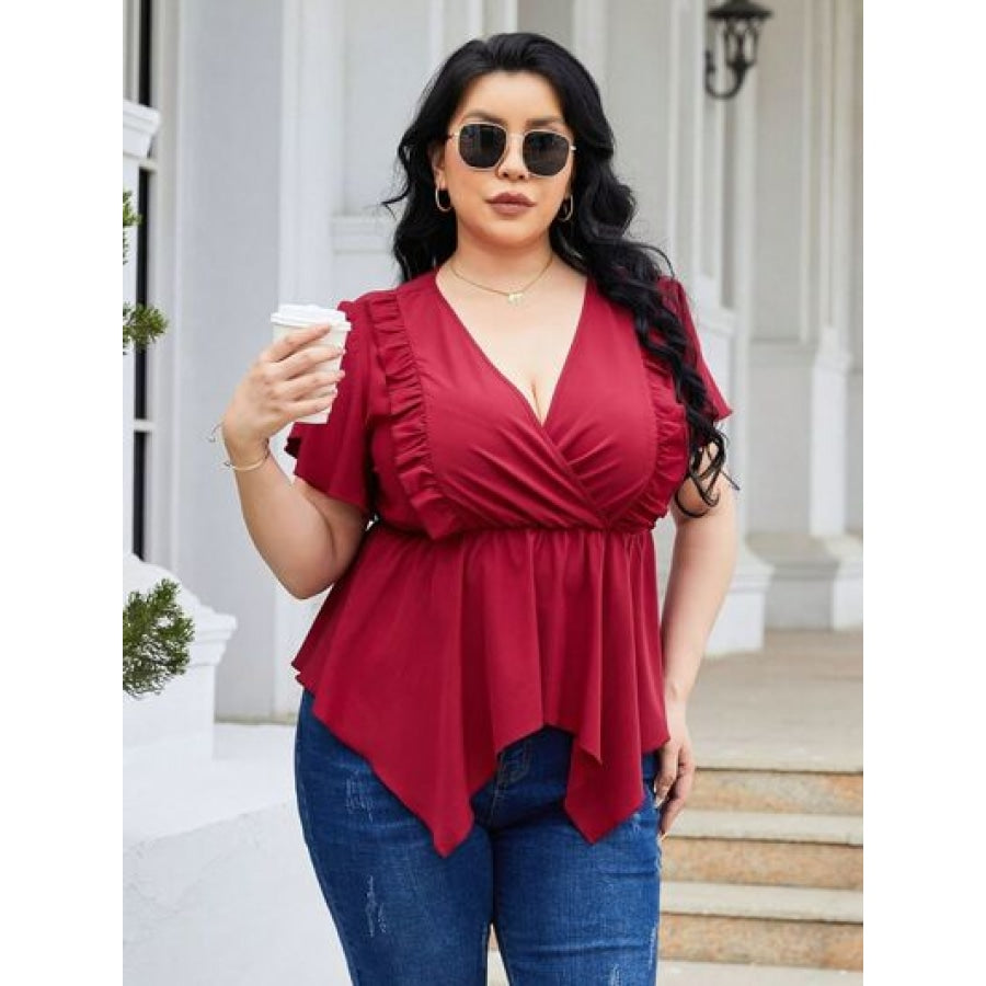 Plus Size Frill Surplice Flutter Sleeve Blouse Apparel and Accessories