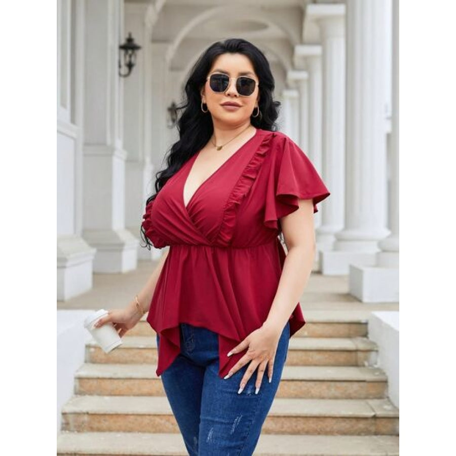 Plus Size Frill Surplice Flutter Sleeve Blouse Apparel and Accessories