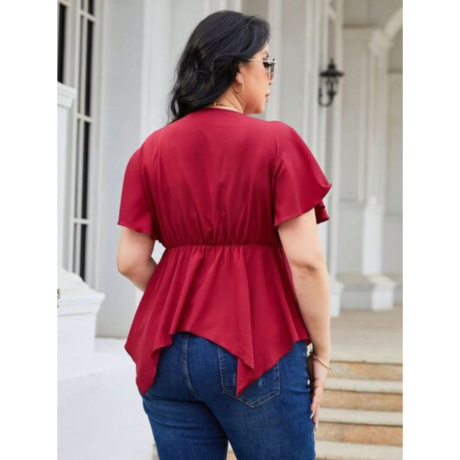 Plus Size Frill Surplice Flutter Sleeve Blouse Deep Red / 1XL Apparel and Accessories