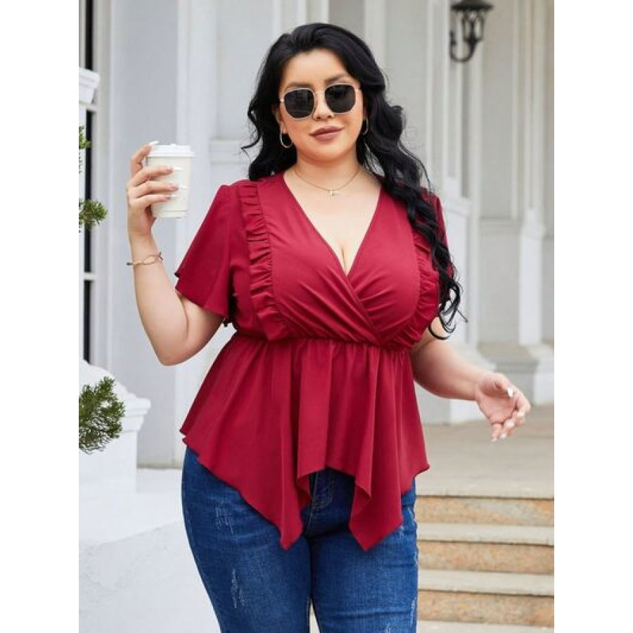 Plus Size Frill Surplice Flutter Sleeve Blouse Deep Red / 1XL Apparel and Accessories